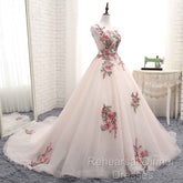 Light Pink Ball Gown Quinceanera Dress With Flowers Embroidery, Pink Tulle And Organza Party Dress